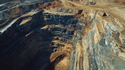 Poster - An aerial view of a vast open-pit coal mine, showcasing the layered excavation and the scale of mining operations