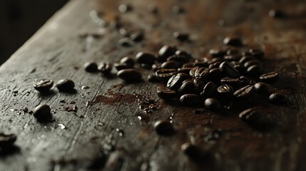 Poster - An artistic close-up of roasted coffee beans scattered on rustic wooden surface, capturing the rich texture and aroma of fresh coffee