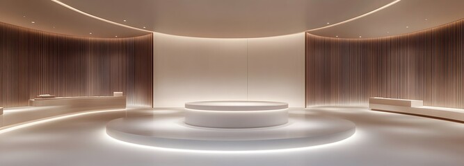 Fototapete - A clean, circular podium in the center of a spacious minimalist showroom, with soft lighting and ample empty space surrounding it, creating a modern and elegant product display space