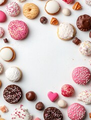 Aufkleber - An delightful array of sweets and cookies in various shapes and colors sits on a white background, featuring generous blank space for creative text. Generative AI