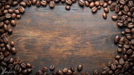 Poster - An artistic close-up of roasted coffee beans scattered on rustic wooden surface, capturing the rich texture and aroma of fresh coffee