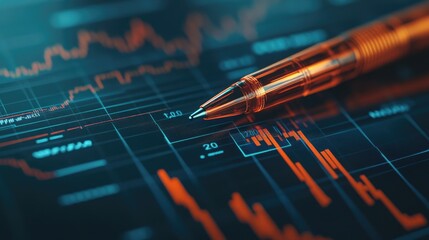 Poster - An orange pen is placed on a financial chart, emphasizing crucial points of market analysis and the dynamic flow of financial trends
