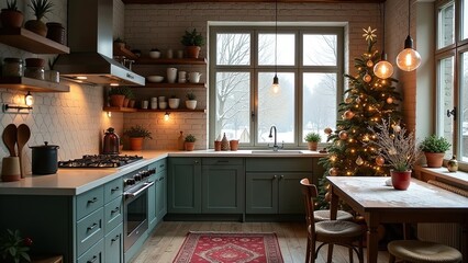 Wall Mural - Loft interior of a cozy modern Christmas kitchen, new Year's mood, preparing for holiday, utensils. Christmas decor of a contemporary kitchen, snow outside window. 