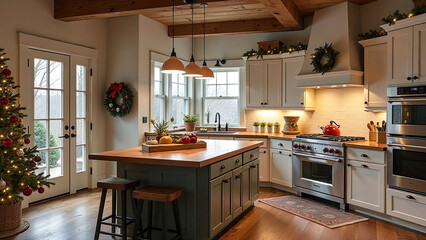 Wall Mural - Loft interior of a cozy modern Christmas kitchen, new Year's mood, preparing for holiday, utensils. Christmas decor of a contemporary kitchen, snow outside window. 