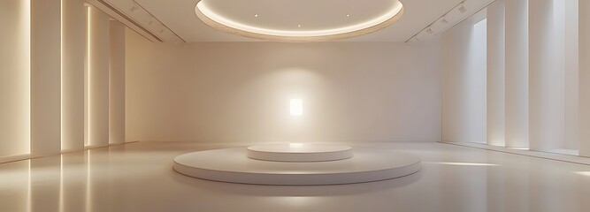 Wall Mural - A tall, circular podium in the center of an empty, minimalist room with expansive white walls, soft lighting, and clean floors, ideal for showcasing a cutting-edge product