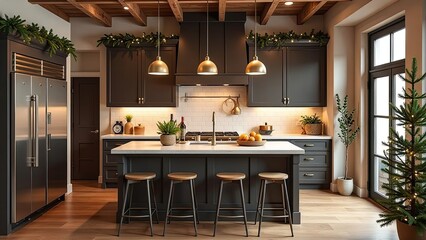 Loft interior of a cozy modern Christmas kitchen, new Year's mood, preparing for holiday, utensils. Christmas decor of a contemporary kitchen, snow outside window. 