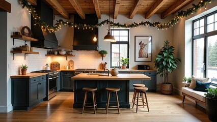 Loft interior of a cozy modern Christmas kitchen, new Year's mood, preparing for holiday, utensils. Christmas decor of a contemporary kitchen, snow outside window. 