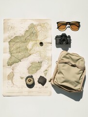 Poster - Travel essentials displayed on a map include a compass, camera, and sunglasses, perfect for planning adventures and capturing memories. Generative AI
