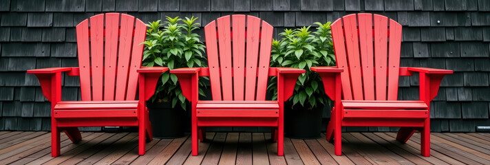 Symmetrical Red Chairs on Wooden Deck