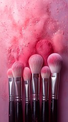 A photograph of makeup brushes with pink and red powder on the sides, arranged in an orderly fashion against a soft pastel background. The colors are vibrant yet harmonious, creating a visually appeal