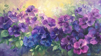 Poster - Lush purple flowers with full, vibrant petals, capturing the essence of elegance and vitality, glowing in the natural light