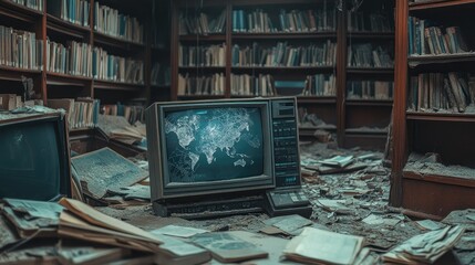 Poster - Old monitors with cracked screens and dust, lying in an abandoned library filled with scattered debris and forgotten items