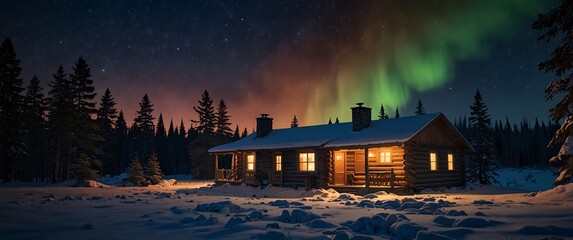 Arctic Cabin Under Aurora Borealis 