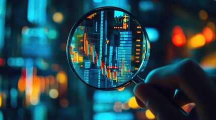 Poster - Through a magnifying glass, colorful financial charts and data come into focus, emphasizing key market trends and analysis