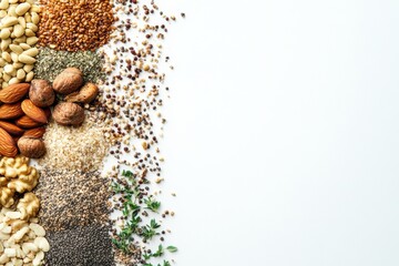 Poster - An assortment of organic seeds, nuts, and herbs is displayed on a white backdrop, offering blank space for custom text or branding. Generative AI