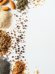 Poster - Seeds, nuts, and herbs are neatly laid out on a white background, creating an inviting space for text about organic ingredients. Generative AI