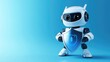 © Thanos - 3D Rendering of Cute Robot Character Holding Shield on Blue Background