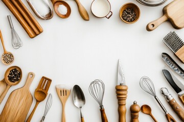 Aufkleber - Various kitchen utensils including spatulas, whisks, and pots are beautifully arranged on a smooth white background, inviting culinary creativity. Generative AI