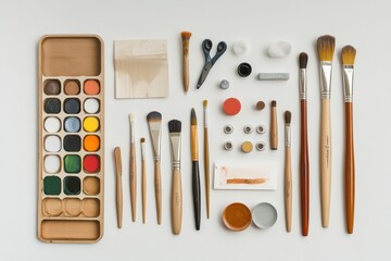 Aufkleber - Brightly colored hobby supplies including brushes, paints, scissors, and glue are organized on a white background for crafting and DIY activities. Generative AI