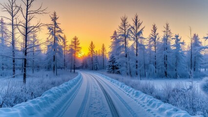 Wall Mural - Serene Winter Sunset Over Snowy Forest Train Tracks, Perfect for Holiday Greetings or Calming Wall Art