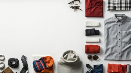 Poster - Explore stylish shirts, pants, and accessories set against a clean white background with ample blank space. Generative AI