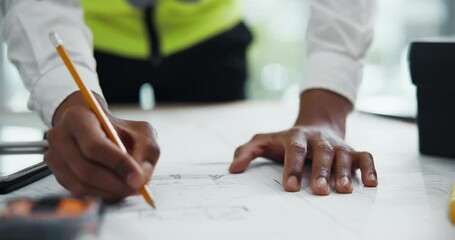 Poster - Hands, architect and blueprint with drawing in office, design and paper for construction at company. Person, engineer and documents for floor plan, sketch or project management for property expansion