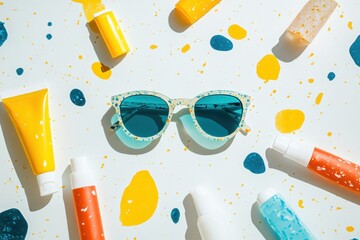 Poster - Sunglasses and various sunscreen bottles are artistically arranged on a white background, creating a vibrant summer vibe for outdoor activities. Generative AI
