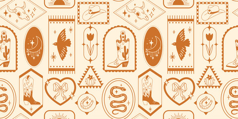 Seamless pattern with various doodle line style trendy cowboy boots, hats, cow scull, snake, horseshoe.Boho American western desert elements.Vector funky illustration. Vintage frames background
