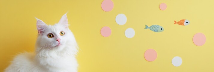 Aufkleber - A fluffy white cat looks curiously at colorful fish flying in circles around its head, set against a cheerful yellow backdrop with empty space. Generative AI