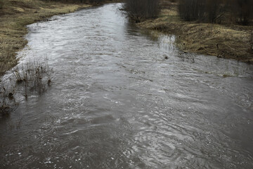 Canvas Print - Serene Flowing River in Early Spring with Bare Trees and Brown Vegetation