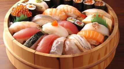 Wall Mural - Sushi Platter: Fresh Fish, Rice, and Seaweed Delights in Wooden Bowl