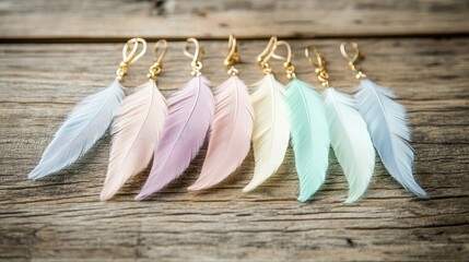 Wall Mural - Colorful Feather Earrings on Wooden Surface for Jewelry Display