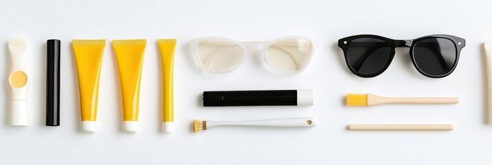 Poster - Stylish sunglasses and vibrant sunscreen tubes are arranged neatly, ready for summer activities or beach outings on a bright white surface. Generative AI