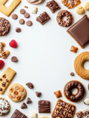 Poster - Colorful assortment of cookies, chocolates, and sweets is beautifully displayed on a clean white background, perfect for adding text. Generative AI