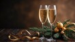 © CoveRipple - Festive scene champagne flutes pine sprig golden ribbons