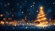 © Five Million Stocks - Christmas tree with glowing lights on a dark blue background, starry sky, blurred snow, and a bokeh effect This could be a Christmas card or banner template for a New Year's party,