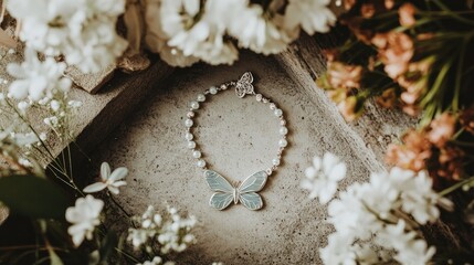 Wall Mural - Elegant Butterfly Necklace, Pearl Accents, Floral Background Display