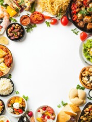 Poster - A vibrant arrangement of diverse dishes from Italian, Japanese, and Mexican cuisines creates a colorful display with space for added text. Generative AI