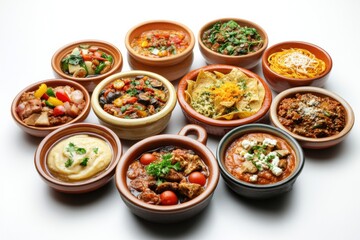 Poster - A colorful assortment of Italian, Japanese, and Mexican dishes presented beautifully on a white surface, perfect for adding text or highlights. Generative AI