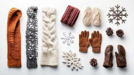 Poster - Colorful winter accessories displayed on a white surface include gloves, scarves, snowflakes, and pine cones, perfect for seasonal styling. Generative AI