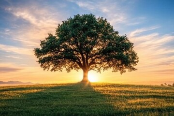 Fototapete - A lone tree rises majestically in a vast open field as the sun sets, painting the sky with warm hues of orange and pink, evoking serenity. Generative AI