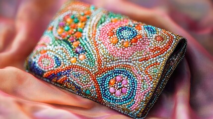 Wall Mural - Colorful Beaded Clutch Bag on Soft Pink Fabric Background