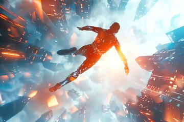 Wall Mural - man falling through futuristic city.