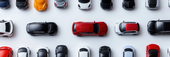 Poster - Miniature replicas of various cars are neatly arranged on a white surface, offering an ideal backdrop for adding customized text and designs. Generative AI