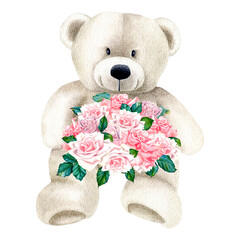 Soft bear toy with a bouquet of pink roses. Hand drawn watercolor illustration of cute animal and flowers for Valentine's Day greeting cards or invitations. Drawing for woman birthday, mothers day.