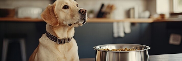 Poster - A dog with a collar patiently waits next to a steel bowl filled with dog food in a warm kitchen, enjoying a moment of anticipation. Generative AI