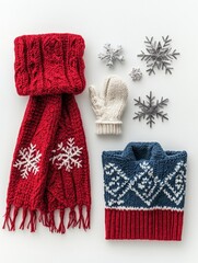 Poster - Cozy winter accessories like a knitted scarf and gloves displayed alongside decorative snowflakes, creating a festive winter atmosphere. Generative AI