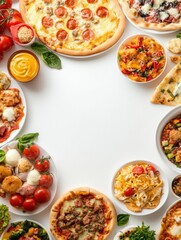 Poster - Colorful assortment of Italian, Japanese, and Mexican dishes beautifully arranged on a white background, creating an inviting culinary display. Generative AI