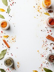 Fototapete - Various small jars filled with vibrant spices, bay leaves, and cinnamon sticks create an aromatic setting with plenty of space for text. Generative AI