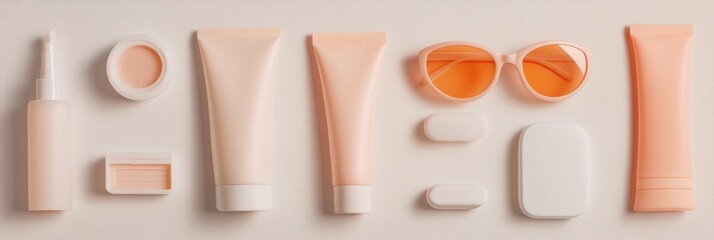 Poster - Summer accessories including sunglasses and various sunscreen tubes are neatly displayed on a white background, ideal for sunny adventures. Generative AI